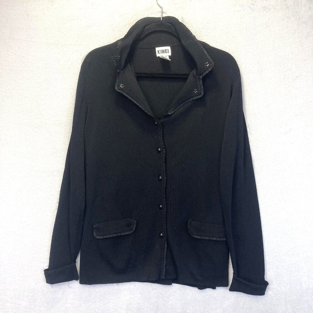 Kinei Button Up Cardigan Sweaterβ Large Black Stretchy Rhinestone Nylon Blend